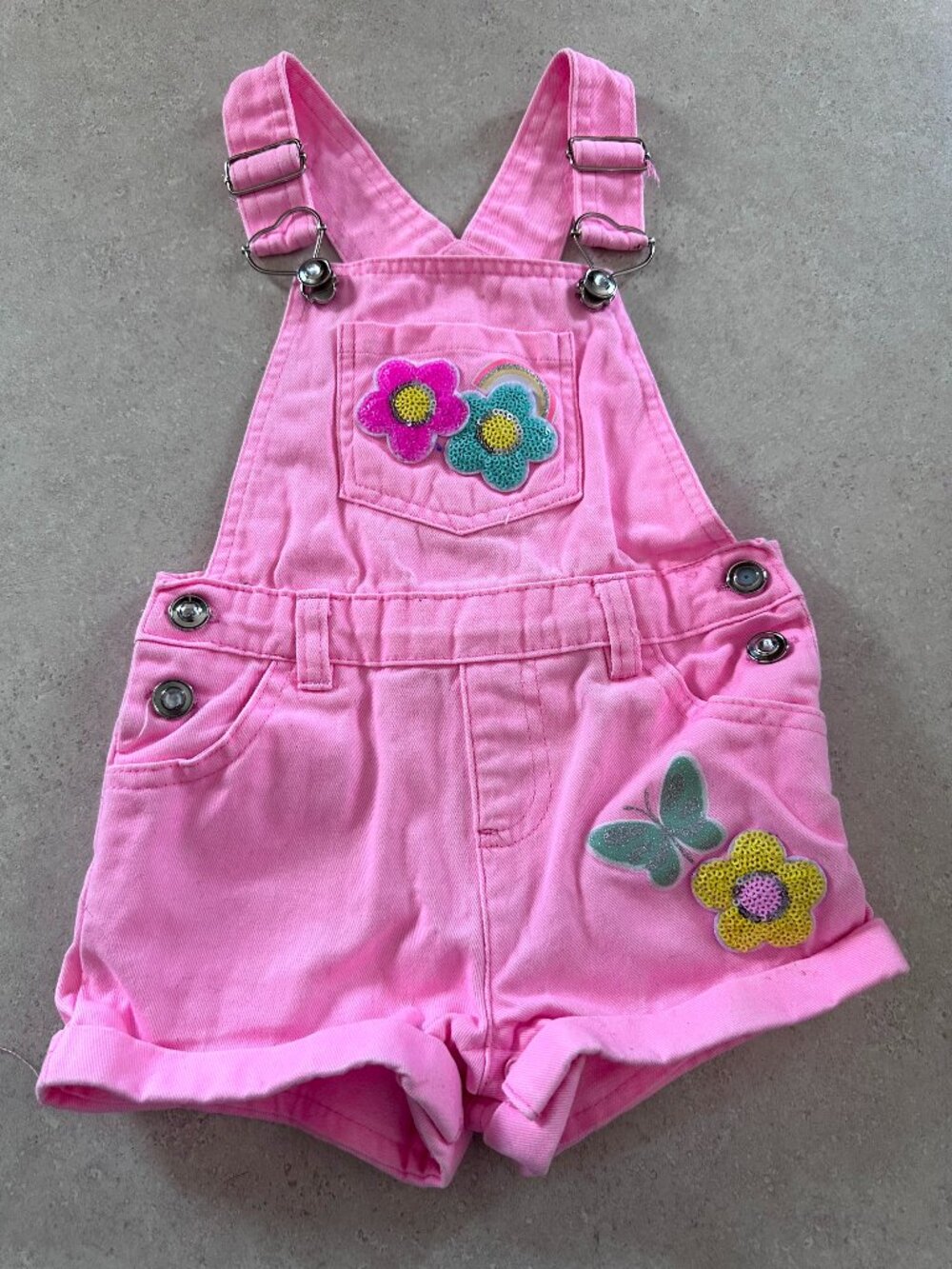 Bright Pink Overalls Girls 18 Month Shortalls Shorts Summer Sequin Flowers